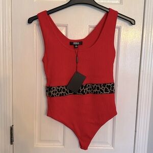 Hera Collection ribbed red and leopard body suit NWT L